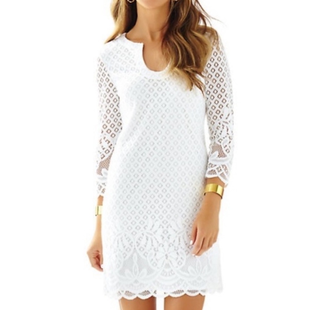 Lilly Pulitzer White Lace Shift Dress with Gold Accents